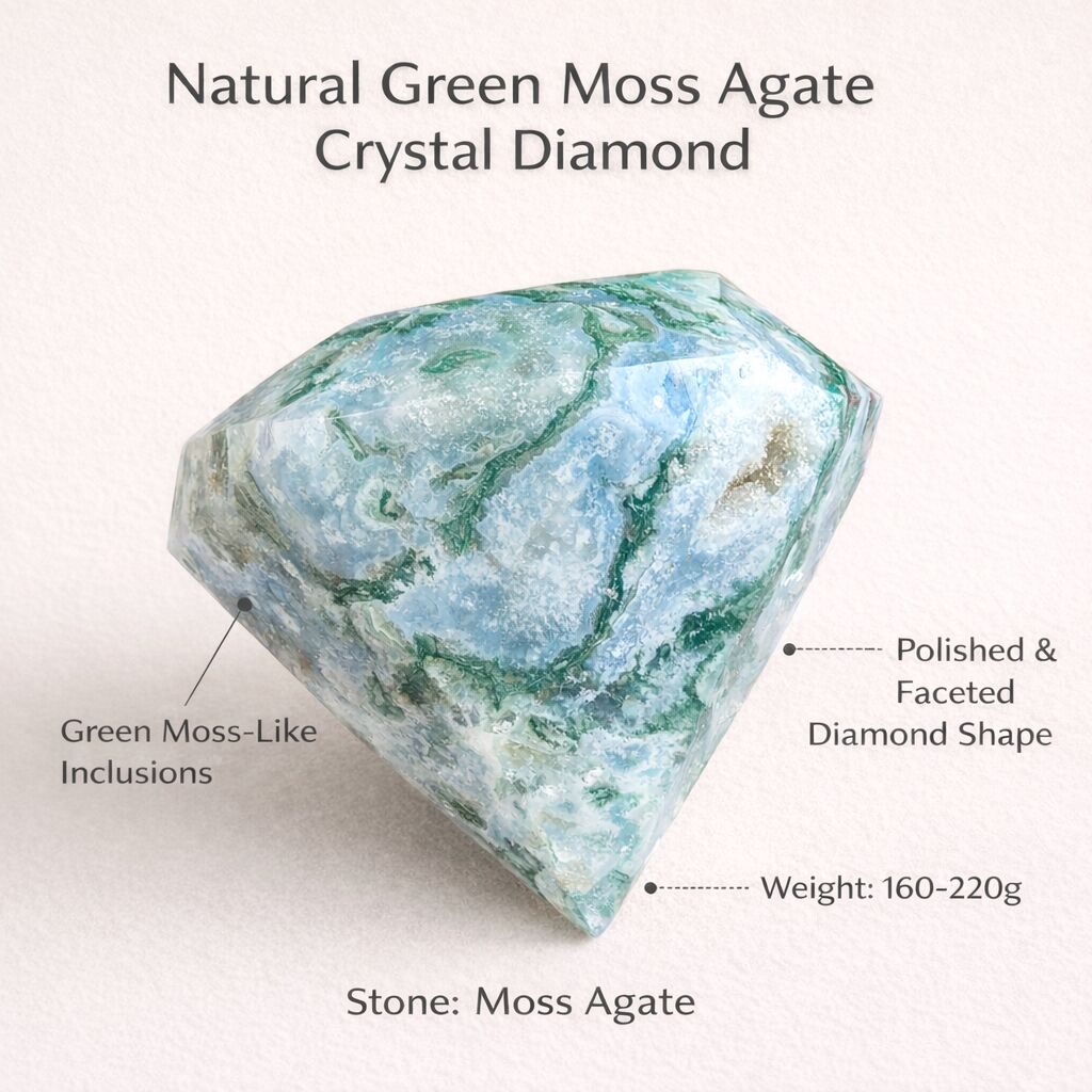 Natural Green Moss Agate Crystal Diamond Shape β Grounding Energy & Spiritual Growth