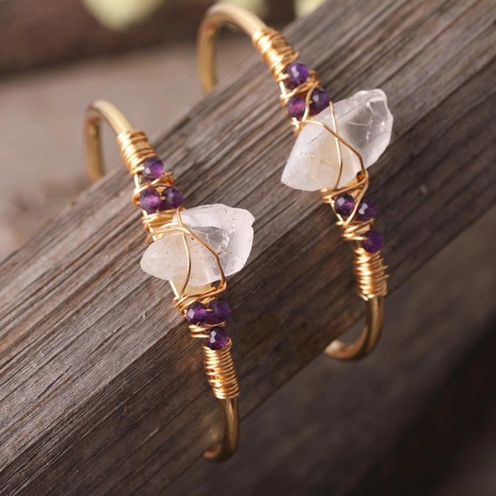 White Quartz Wire Wrap Golden Copper Bracelet