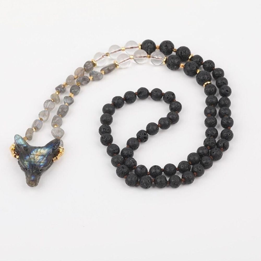 Labradorite Crystal Wolf Beaded Necklace