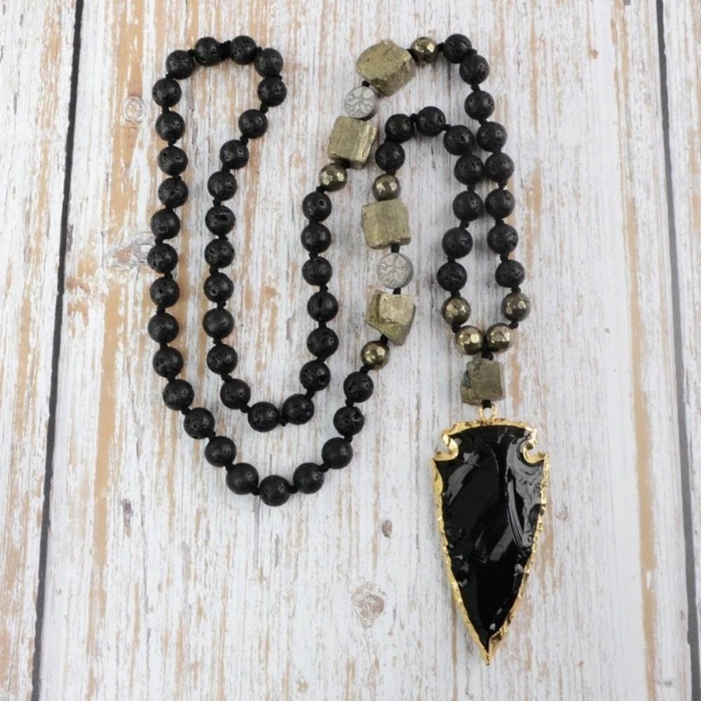 Black Obsidian Pyrite Bead Arrowhead Crystal Necklace