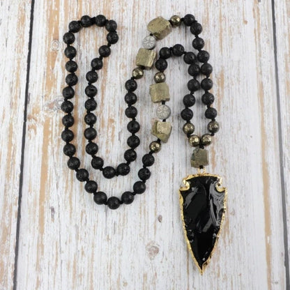 Black Obsidian Pyrite Bead Arrowhead Crystal Necklace