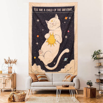 Mystical Dreaming Cat Tarot Wall Tapestry - Boho Decor