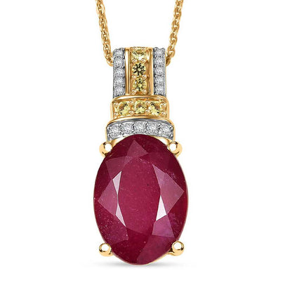 Crimson Ruby Flower Pendant Necklace in Vermeil Gold Over Silver