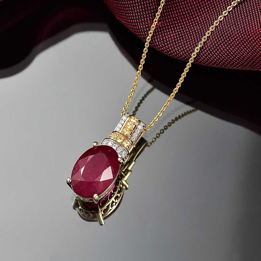 Crimson Ruby Flower Pendant Necklace in Vermeil Gold Over Silver