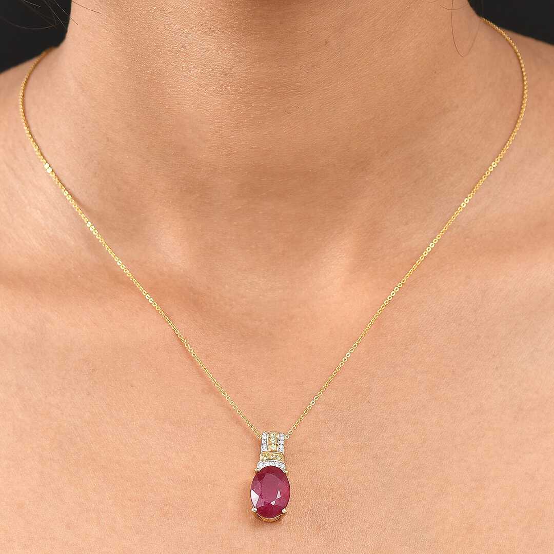 Crimson Ruby Flower Pendant Necklace in Vermeil Gold Over Silver