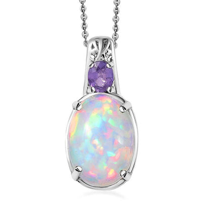 Ethiopian Welo Opal and Madagascar Sapphire Pendant Necklace