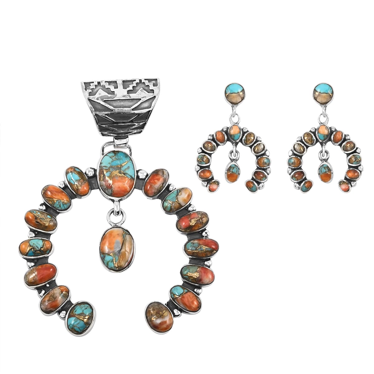 Santa Fe Style Spiny Turquoise & Coral Horseshoe Pendant & Earrings Set
