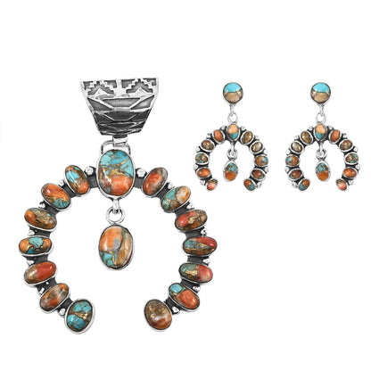 Santa Fe Style Spiny Turquoise & Coral Horseshoe Pendant & Earrings Set
