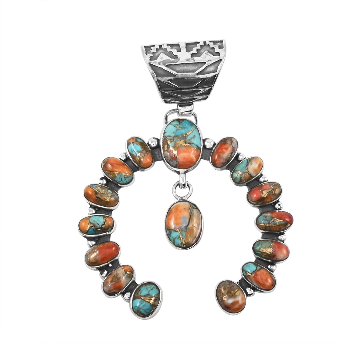 Santa Fe Style Spiny Turquoise & Coral Horseshoe Pendant & Earrings Set