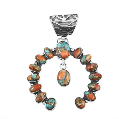 Santa Fe Style Spiny Turquoise & Coral Horseshoe Pendant & Earrings Set