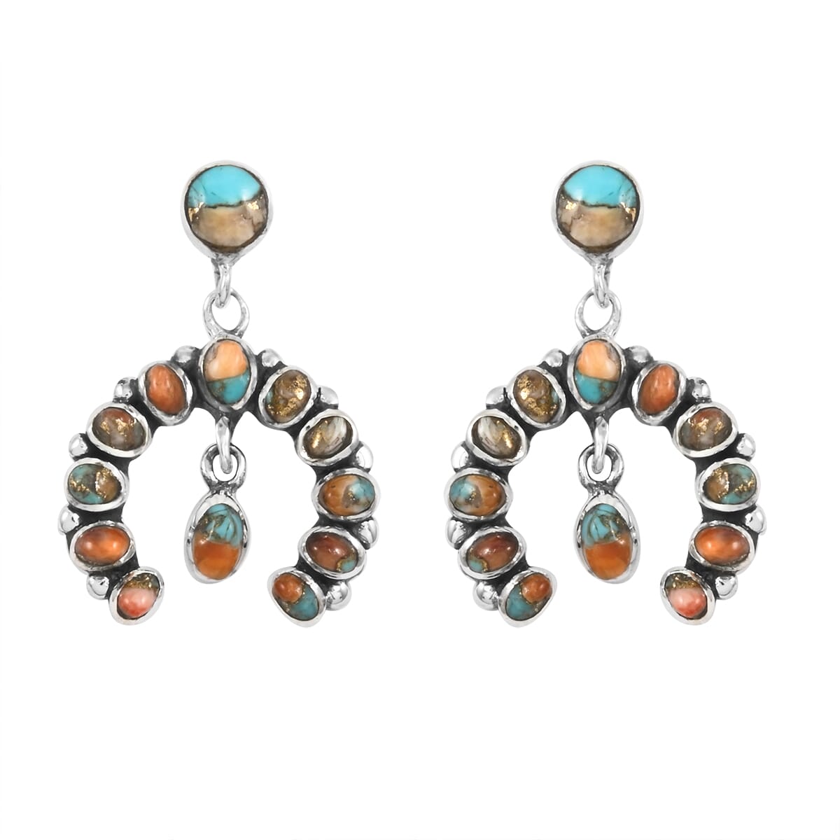 Santa Fe Style Spiny Turquoise & Coral Horseshoe Pendant & Earrings Set