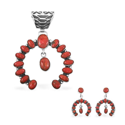 Santa Fe Style Spiny Turquoise & Coral Horseshoe Pendant & Earrings Set
