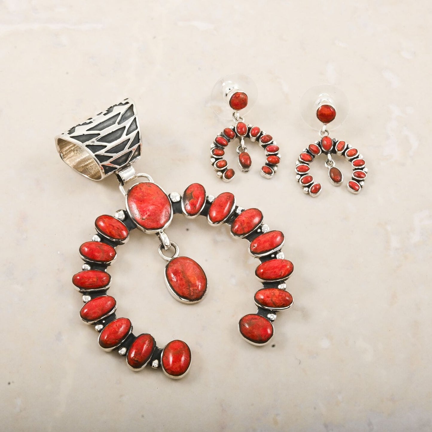Santa Fe Style Spiny Turquoise & Coral Horseshoe Pendant & Earrings Set