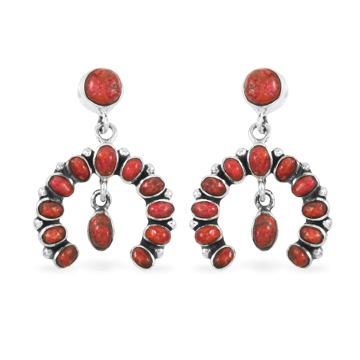 Santa Fe Style Spiny Turquoise & Coral Horseshoe Pendant & Earrings Set