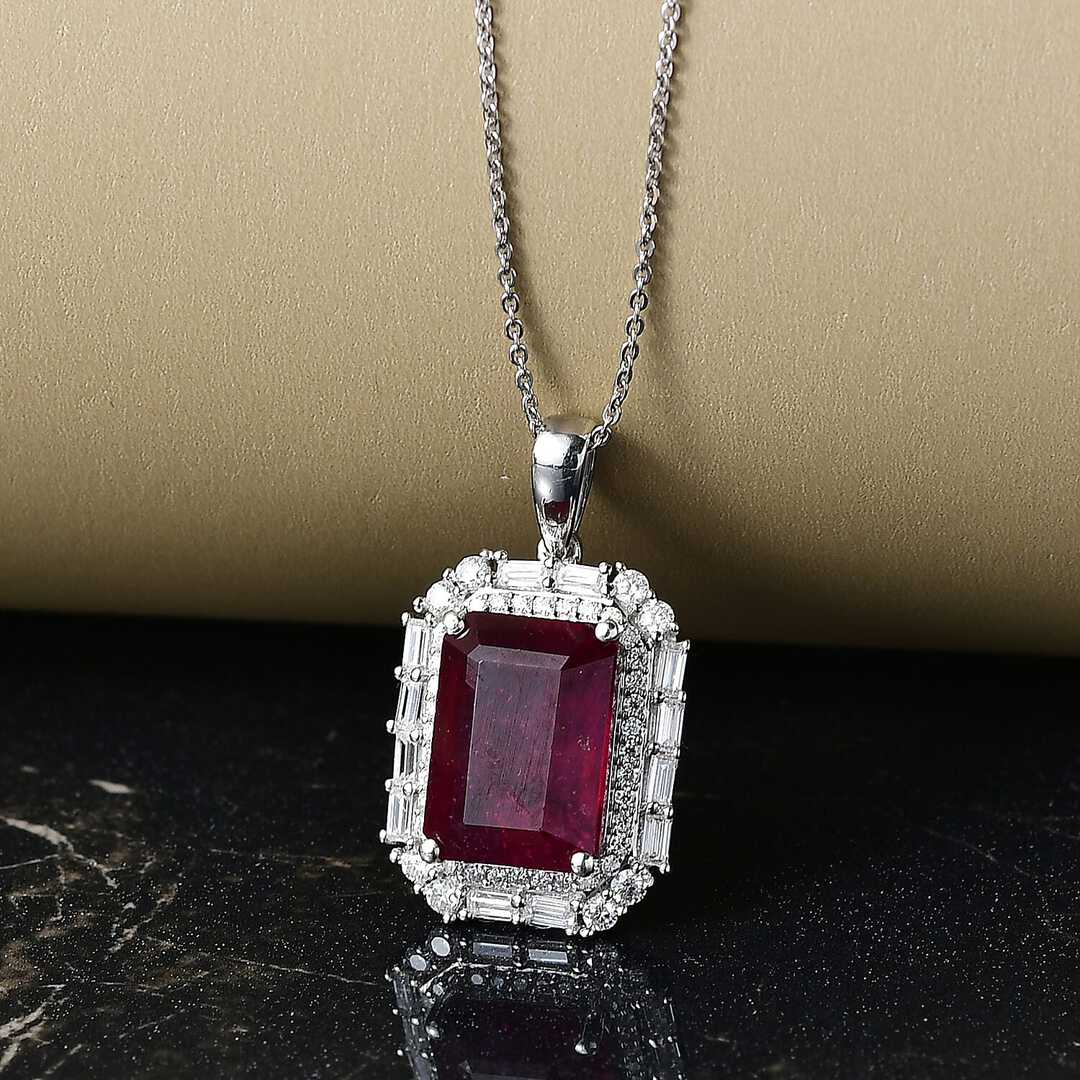 Art Deco Ruby and Moissanite Pendant Necklace in Sterling Silver