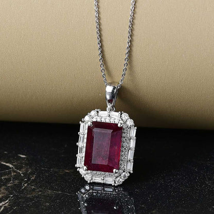 Art Deco Ruby and Moissanite Pendant Necklace in Sterling Silver