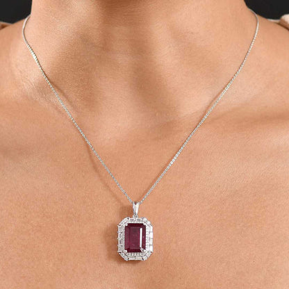 Art Deco Ruby and Moissanite Pendant Necklace in Sterling Silver