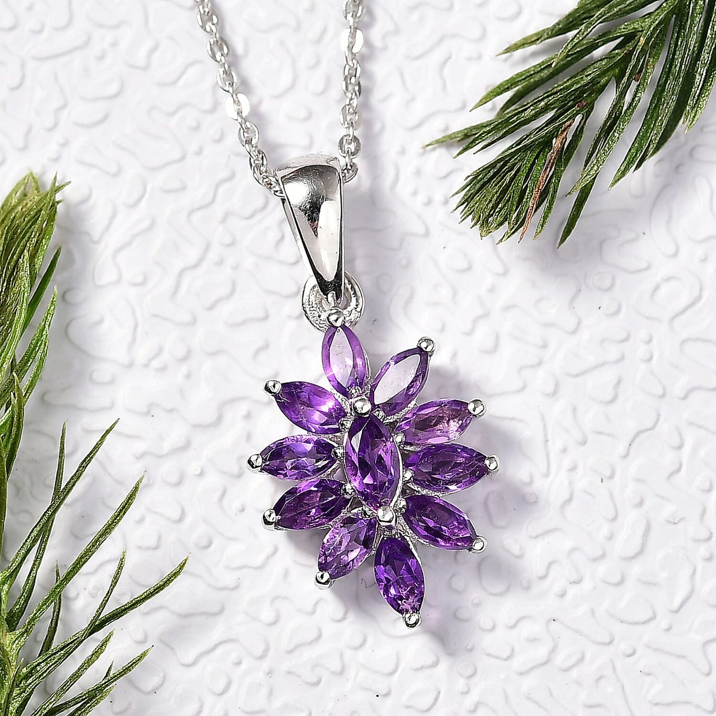 Flower Design Gemstone Pendant Necklace – Rhodium-Plated Sterling Silver