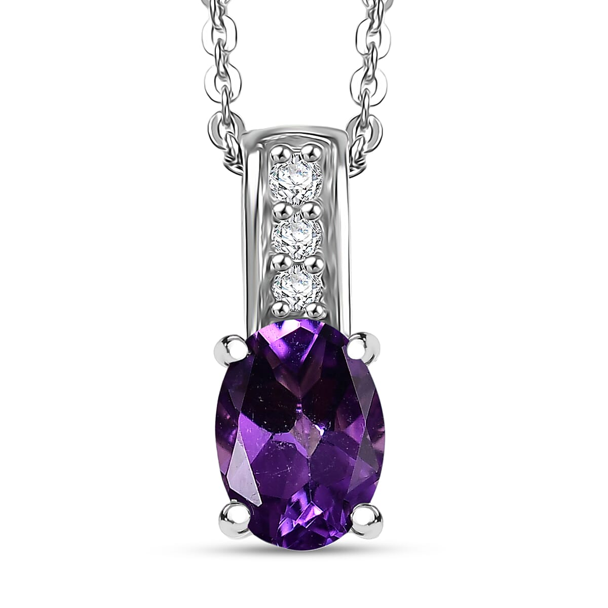 Oval Gemstone & White Zircon Pendant Necklace – Rhodium-Plated Sterling Silver