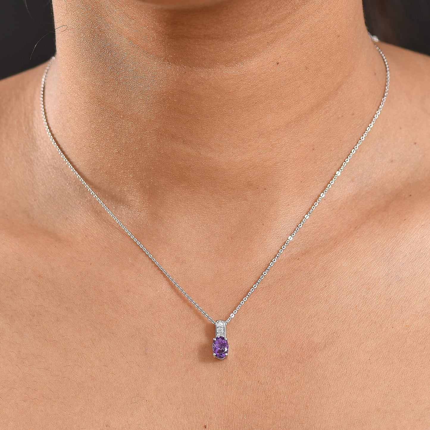 Oval Gemstone & White Zircon Pendant Necklace – Rhodium-Plated Sterling Silver