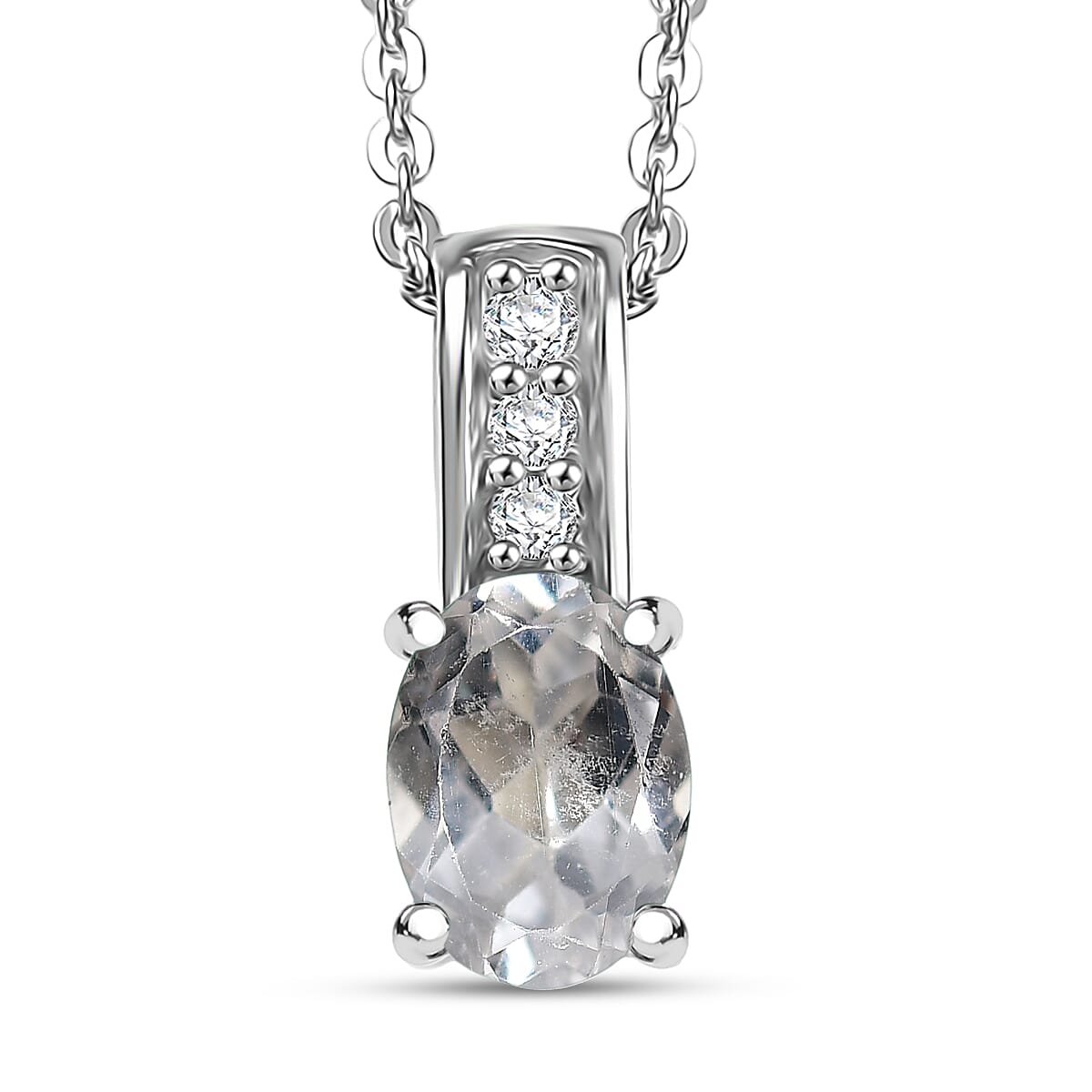 Oval Gemstone & White Zircon Pendant Necklace – Rhodium-Plated Sterling Silver