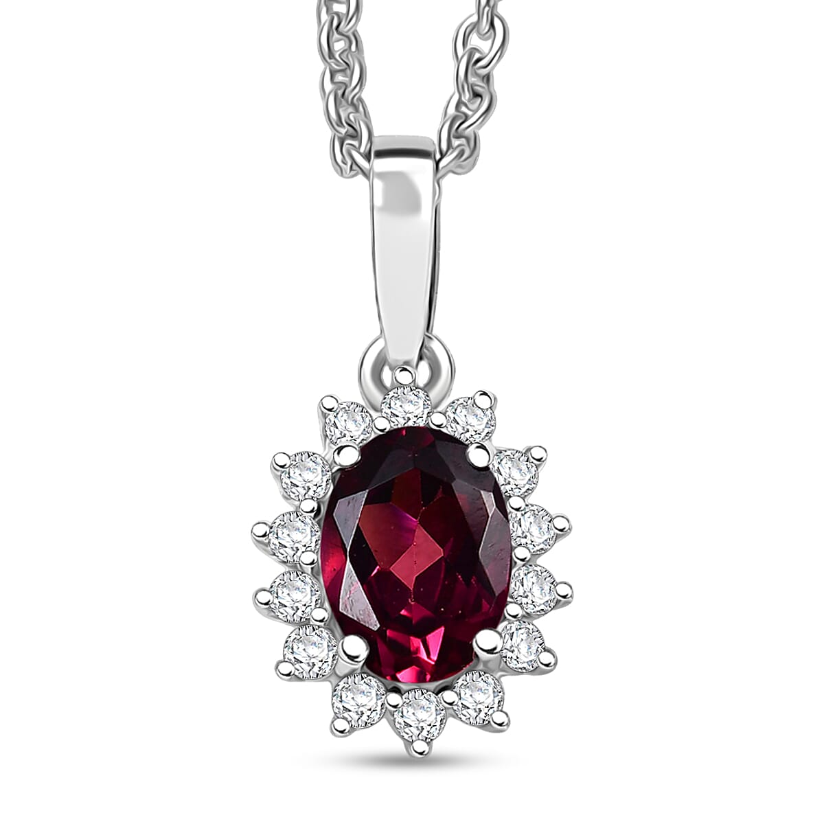 Rhodolite Garnet & White Zircon Pendant Necklace – Shine with Elegance in Rhodium-Plated Silver