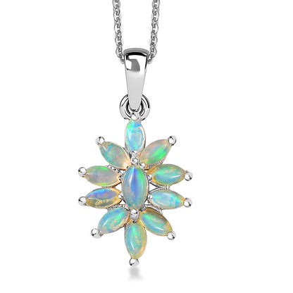 Flower Design Gemstone Pendant Necklace – Rhodium-Plated Sterling Silver