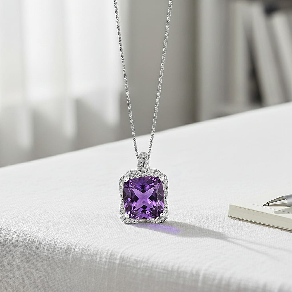 Zambian Amethyst & Moissanite Poinsettia Pendant Necklace — Blooming Elegance & Sparkling Energy