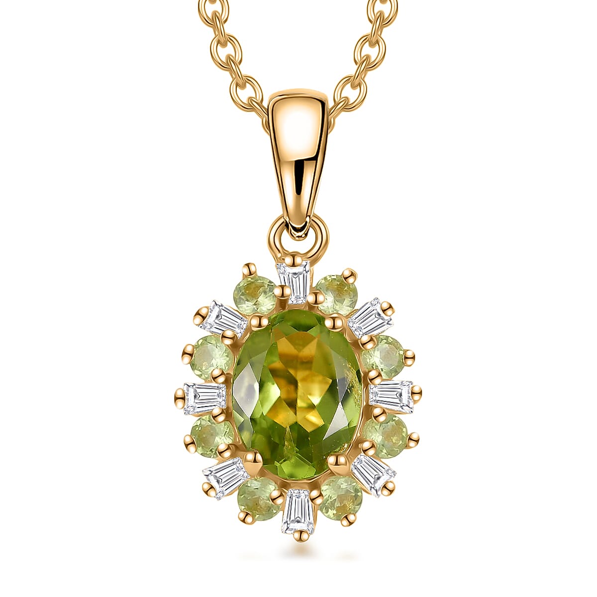 Peridot and Moissanite Sunburst Pendant Necklace