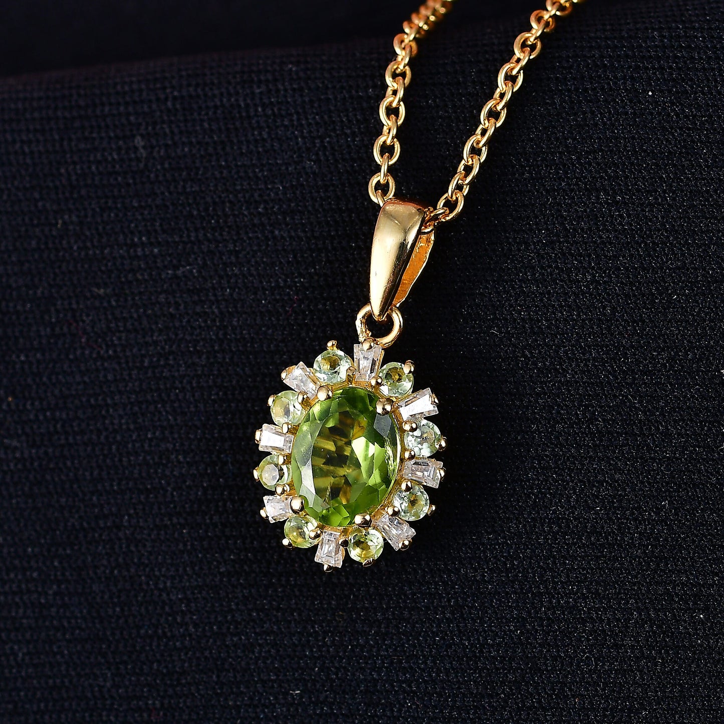Peridot and Moissanite Sunburst Pendant Necklace