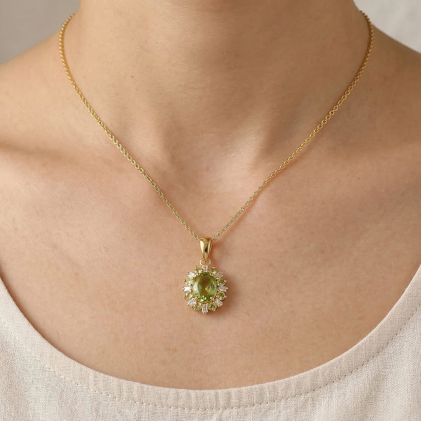 Peridot and Moissanite Sunburst Pendant Necklace
