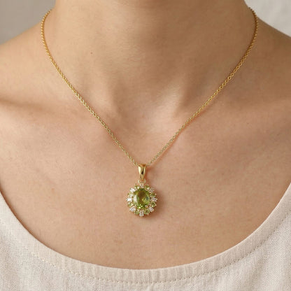 Peridot and Moissanite Sunburst Pendant Necklace