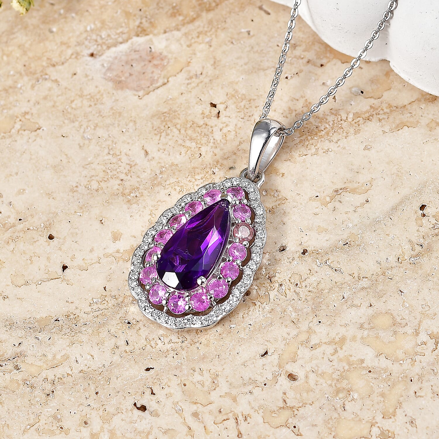 Amethyst and Multi Gemstone Teardrop Bloom Pendant