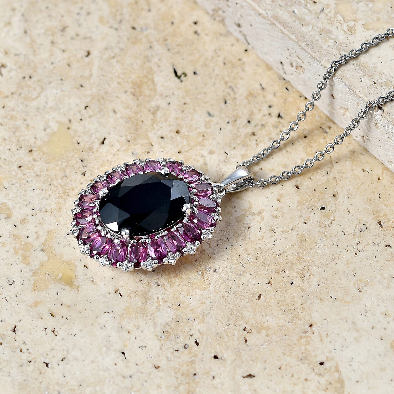 Black Spinel and Garnet Gemstone Pendant Necklace