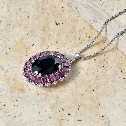 Black Spinel and Garnet Gemstone Pendant Necklace