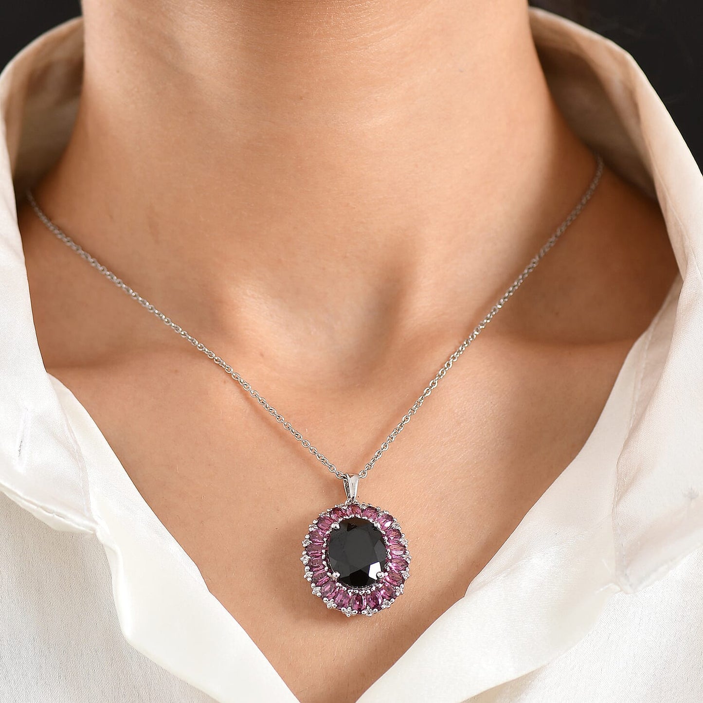Black Spinel and Garnet Gemstone Pendant Necklace