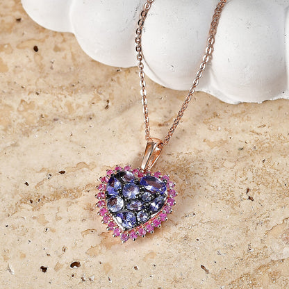 Tanzanite and Pink Sapphire Heart Pendant Necklace