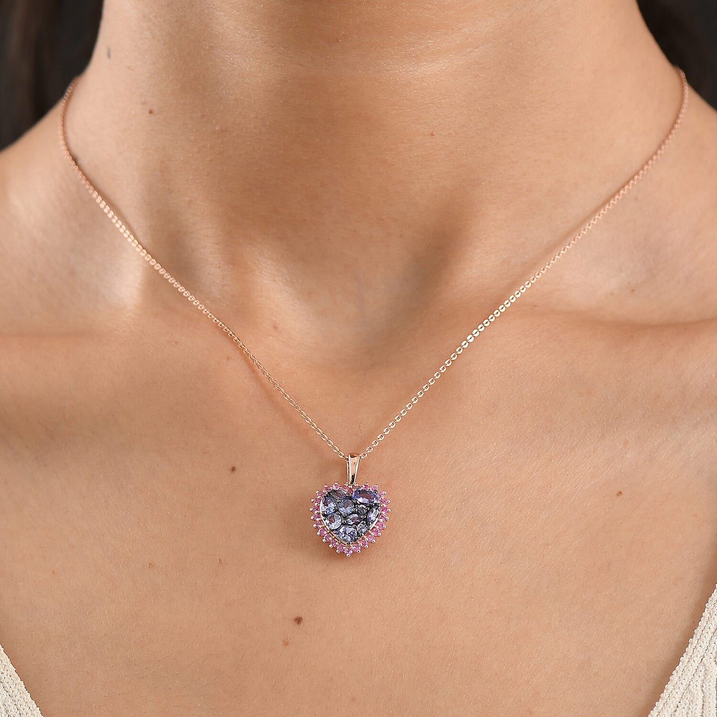 Tanzanite and Pink Sapphire Heart Pendant Necklace
