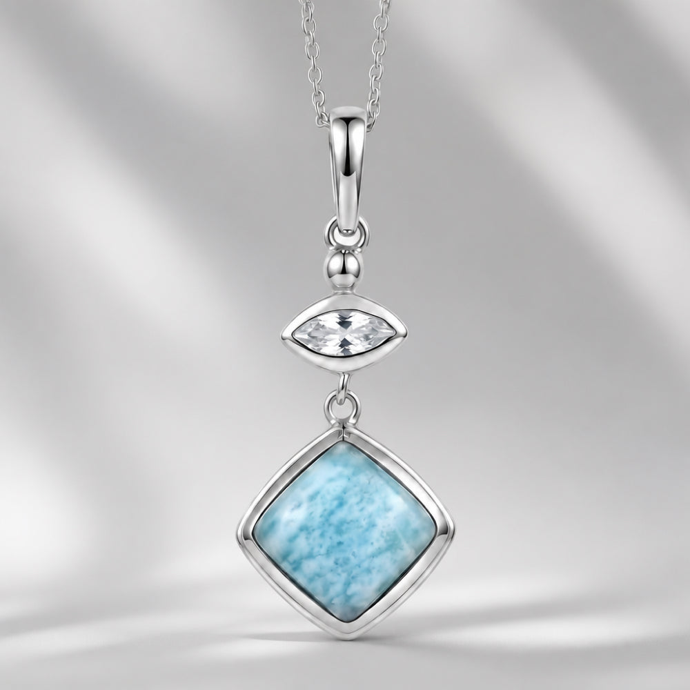 Larimar and White Zircon Oxidised Silver Pendant, 20" Chain