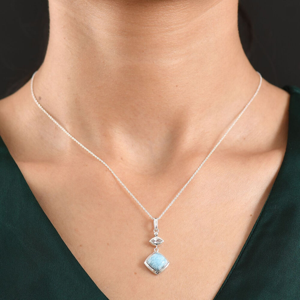 Larimar and White Zircon Oxidised Silver Pendant, 20" Chain