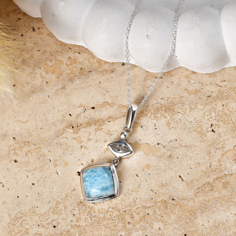 Larimar and White Zircon Oxidised Silver Pendant, 20" Chain