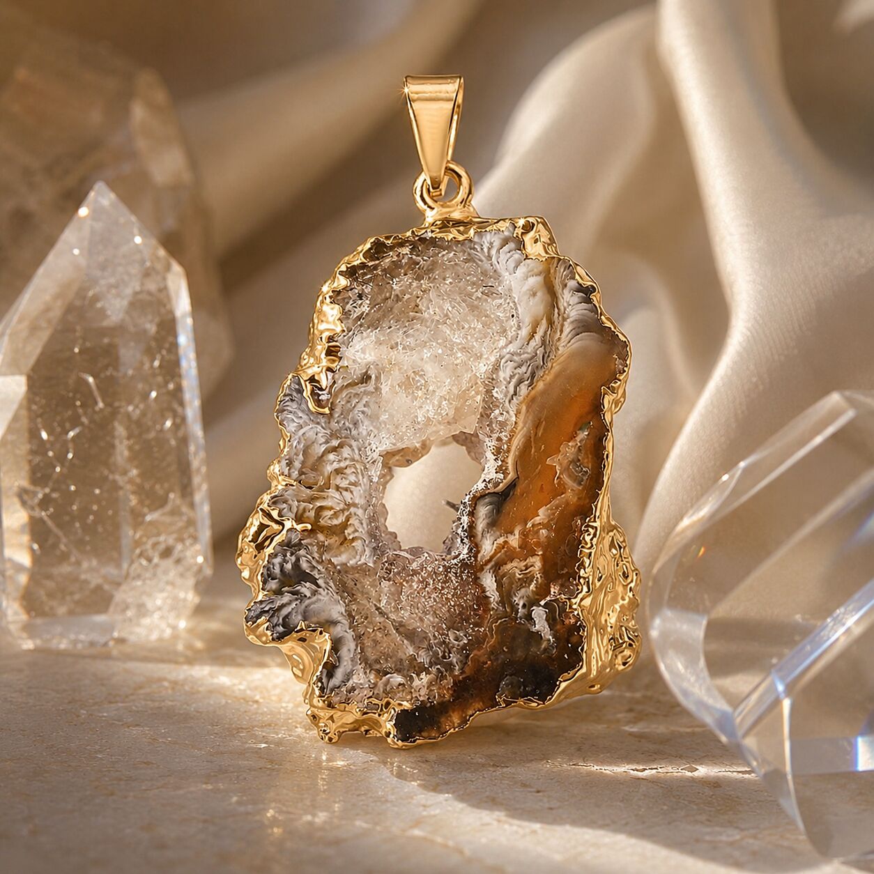 Goldtone Geode Slice Pendant – Statement Size