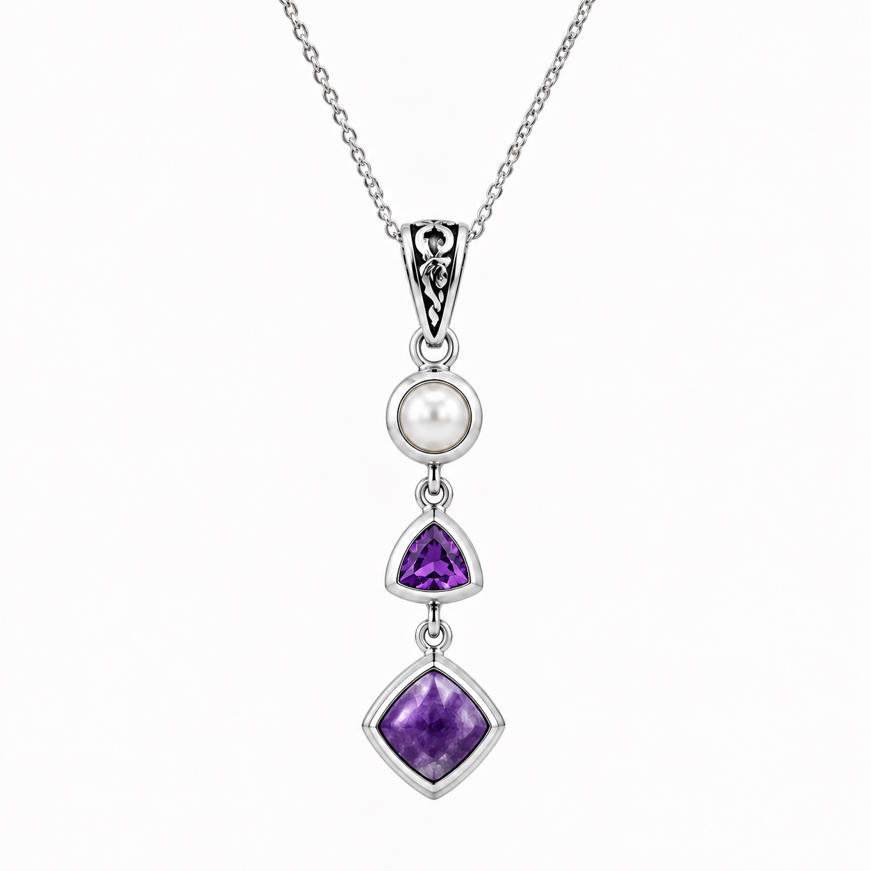 Natural Charoite, Amethyst & Pearl Necklace in Sterling Silver