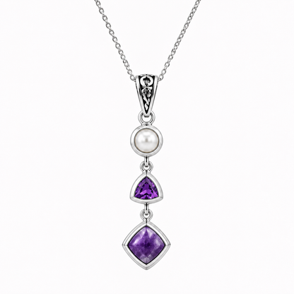 Natural Charoite, Amethyst & Pearl Necklace in Sterling Silver