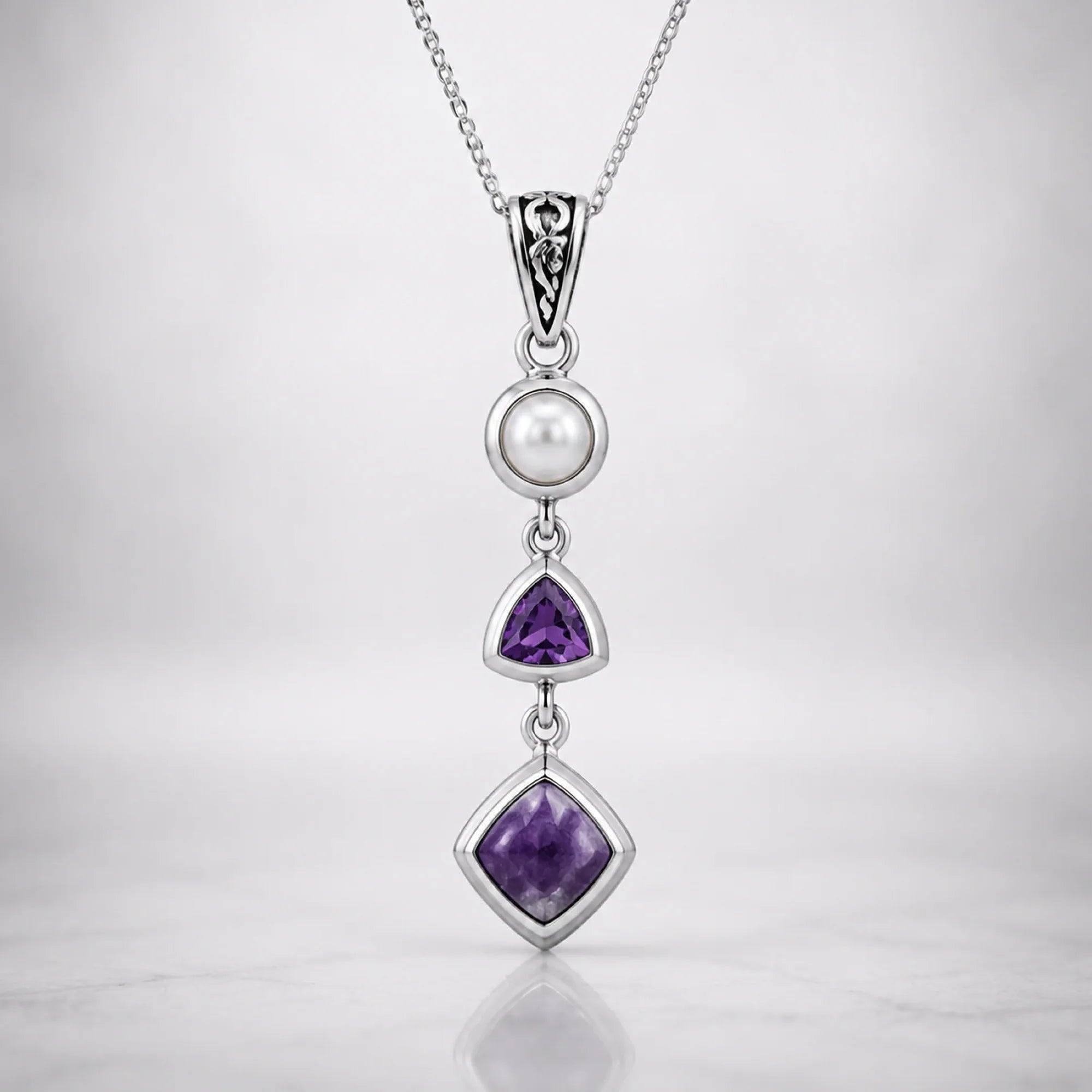 Natural Charoite, Amethyst & Pearl Necklace in Sterling Silver