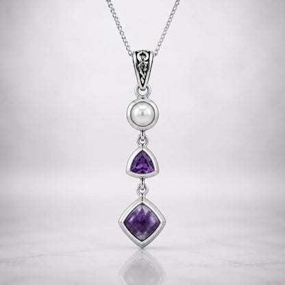 Natural Charoite, Amethyst & Pearl Necklace in Sterling Silver
