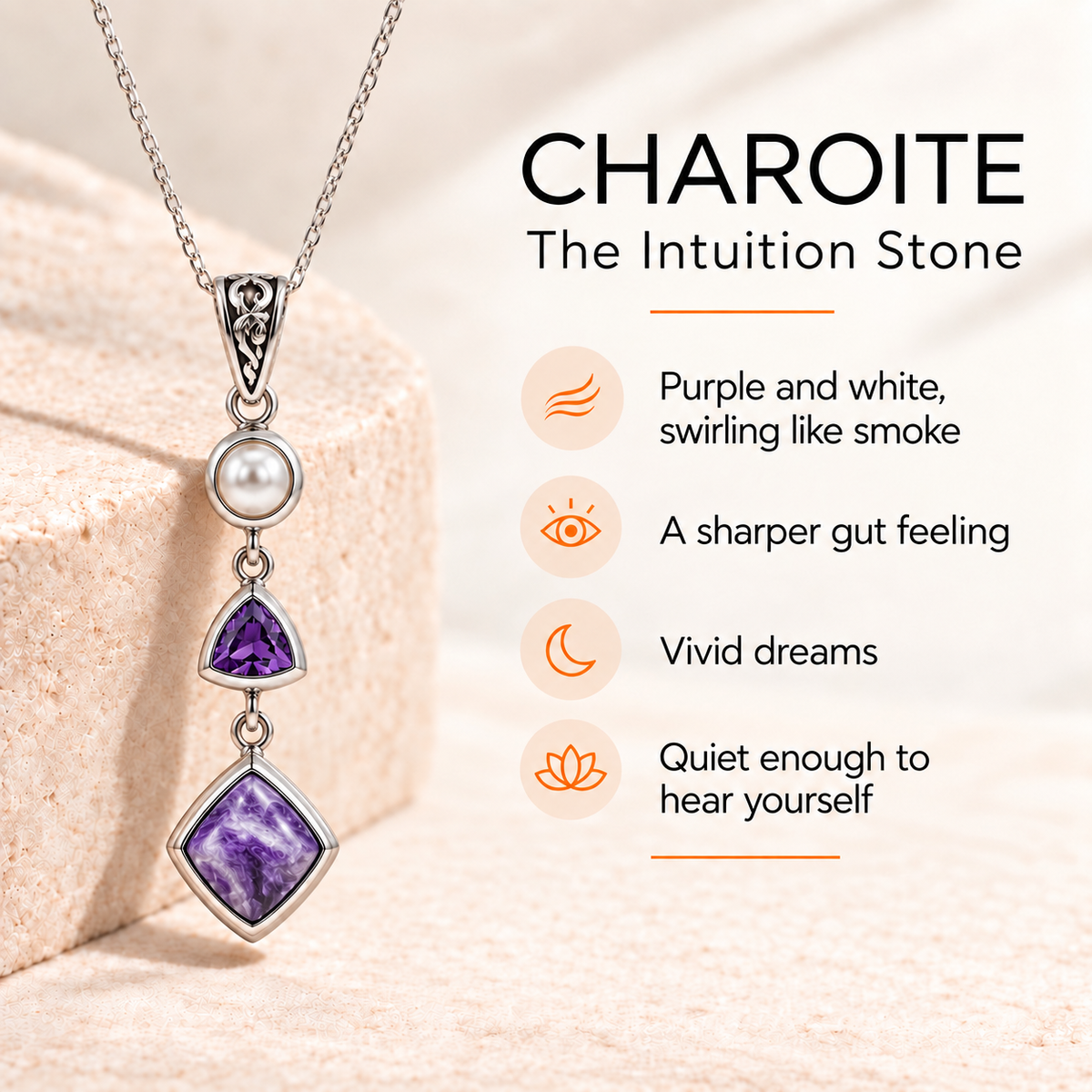 Natural Charoite, Amethyst & Pearl Necklace in Sterling Silver