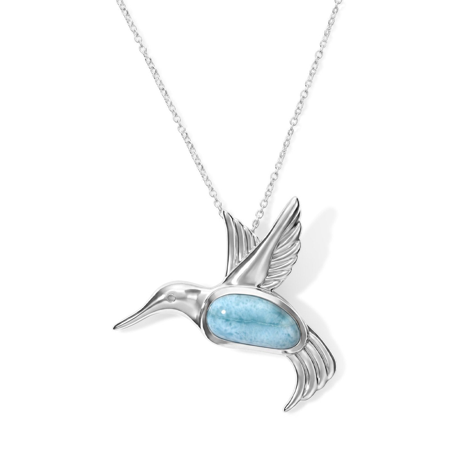 Larimar Hummingbird Pendant Necklace – Ocean Blue Stone in Sterling Silver