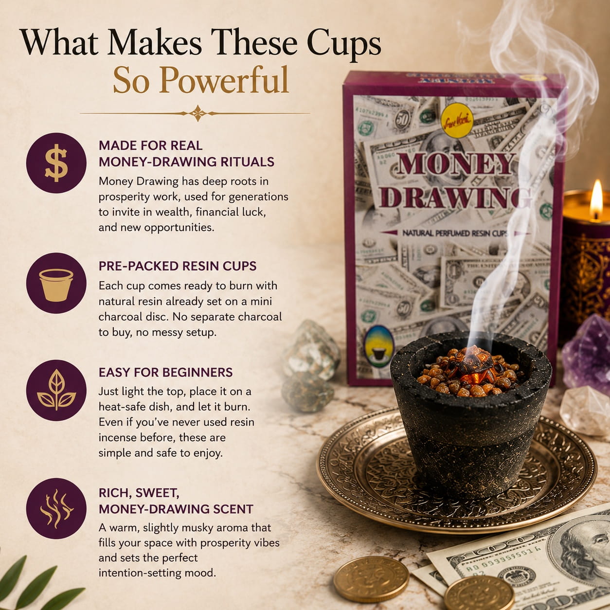 Money Drawing Resin Incense Cups – For Manifestation Ritual