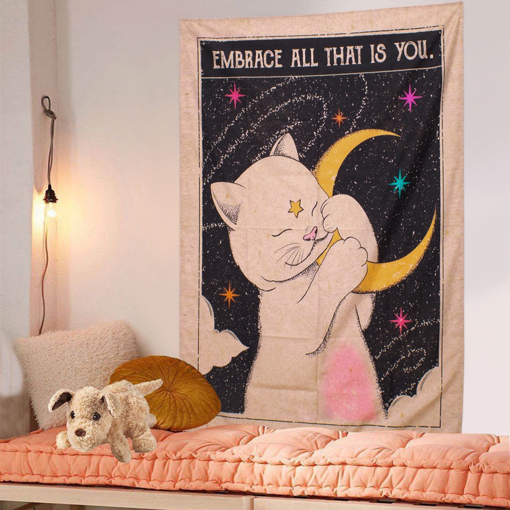 Mystical Dreaming Cat Tarot Wall Tapestry - Boho Decor